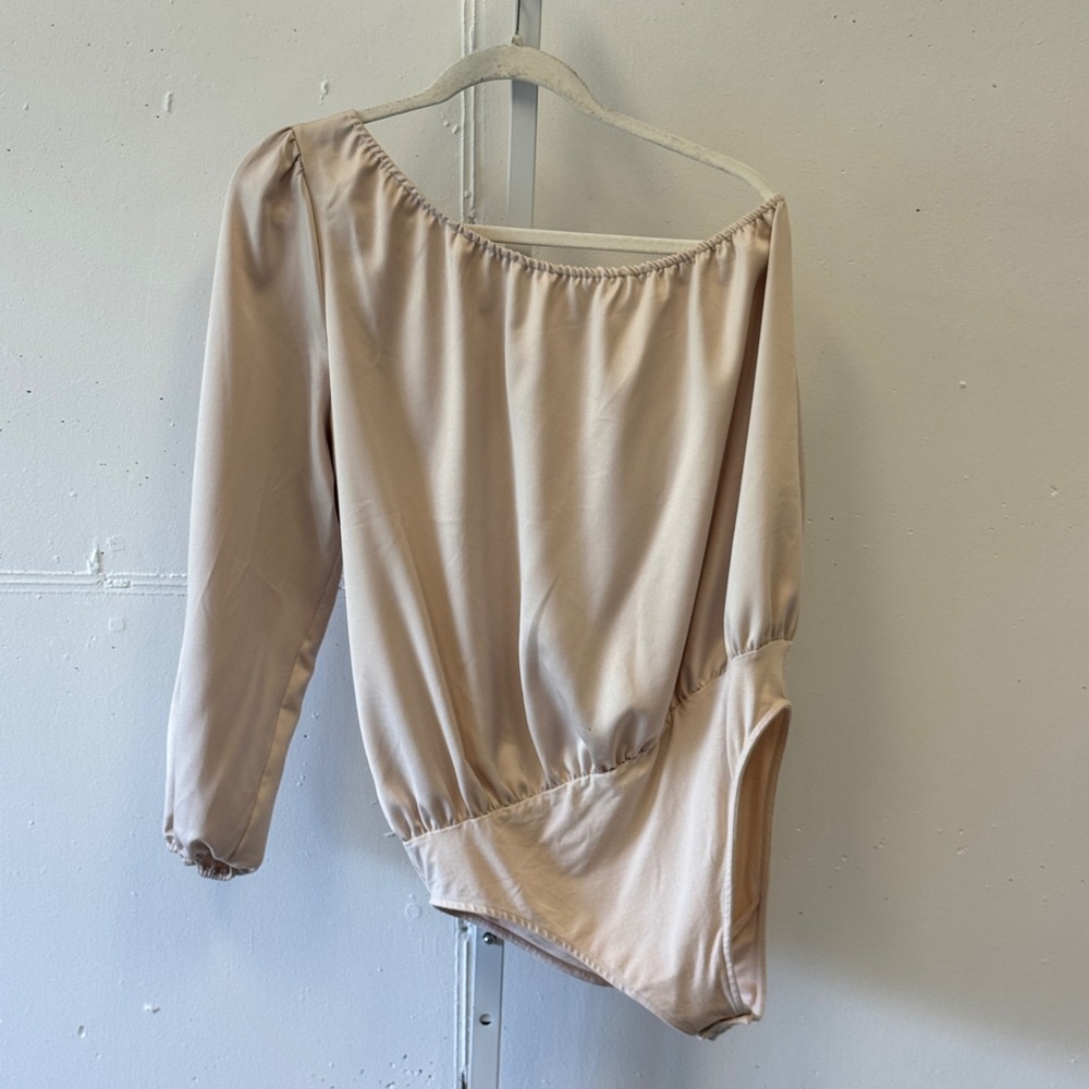 Ann Taylor Factory One Shoulder Bodysuit Blouse Champagne Beige Satin Large